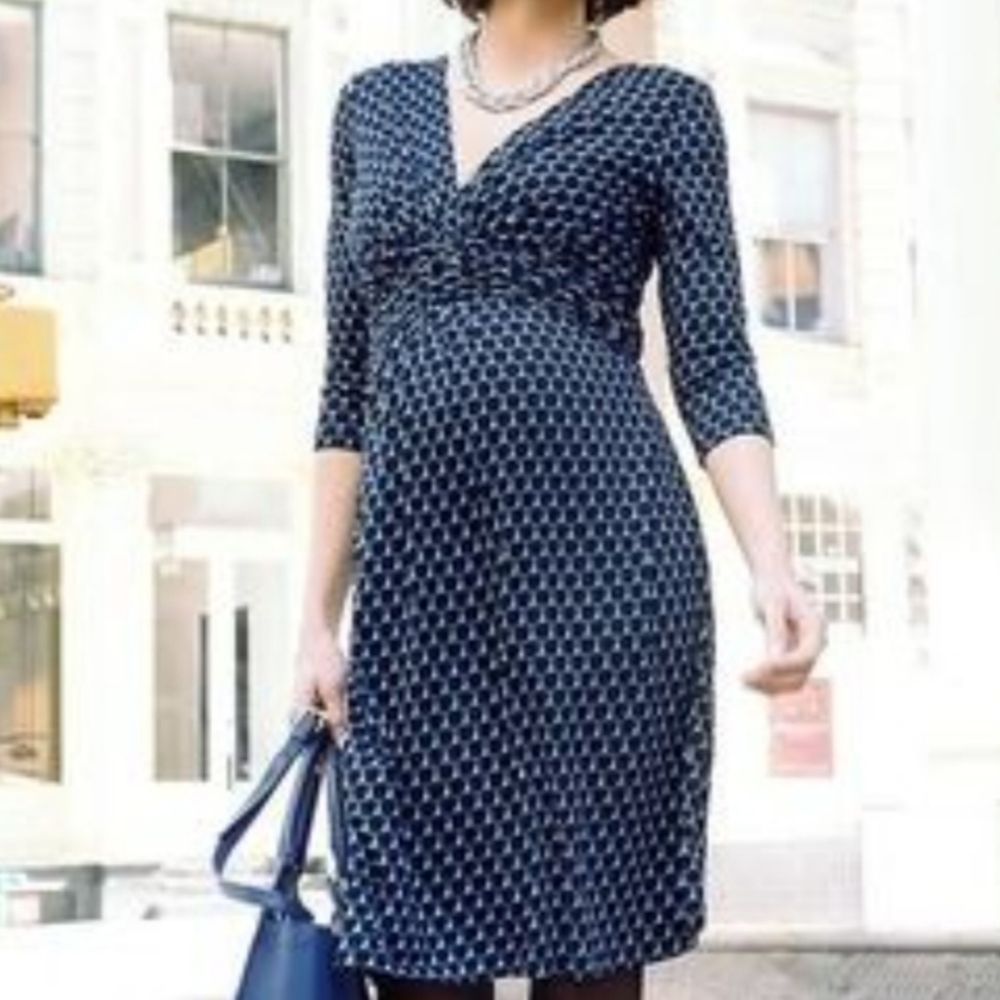 Seraphine Size 8 Navy Dotted Knotted V Neck Maternity Dress